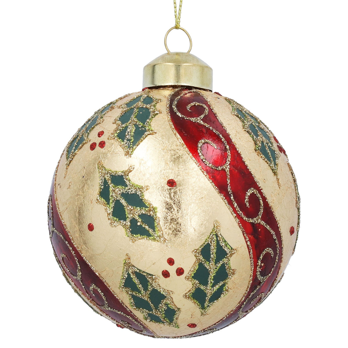 Gisela Graham - Gold Glass Ball Bauble with Holly & Red Swirls - 8cm