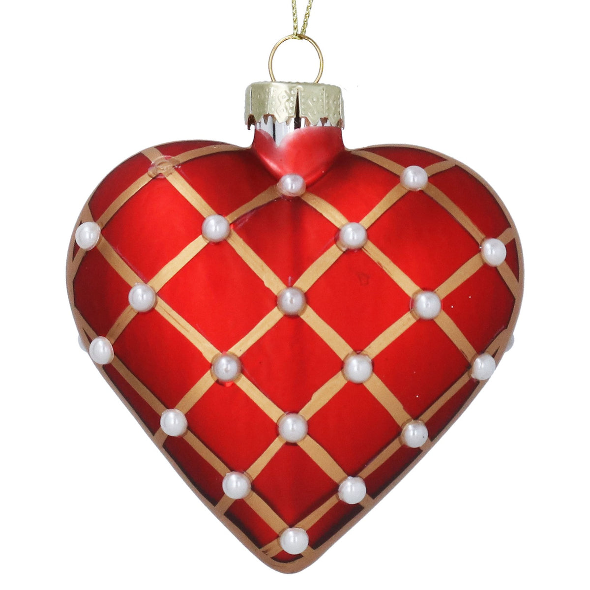 Gisela Graham Red Glass Heart with Gold Trellis & Pearls Bauble - 8cm