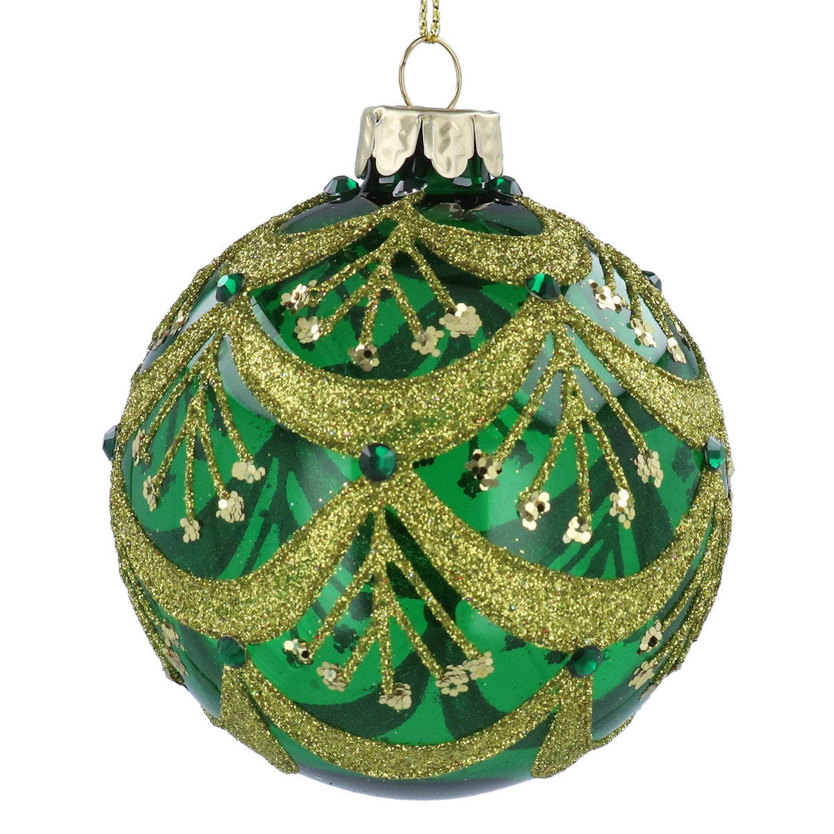 Gisela Graham Clear Green Glass Gold Glitter Swags Design Bauble - 8cm