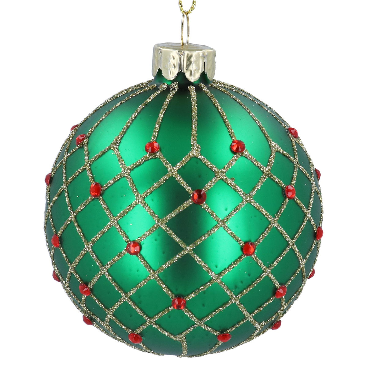 Gisela Graham Green Glass Ball Bauble with Gold Trellis & Red Jewels - 8cm
