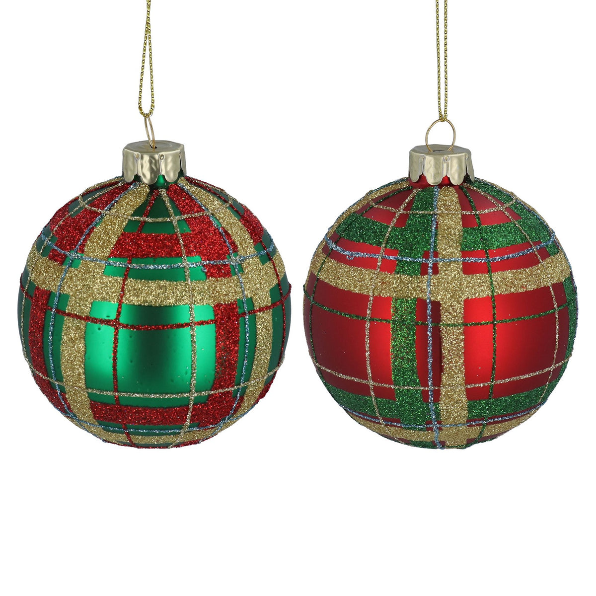 Gisela Graham - Red & Green Plaid Tartan Glass Ball Single Bauble - 8cm