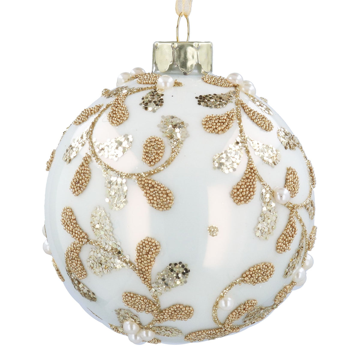 Gisela Graham Cream Pearl Glass Ball Bauble with Gold Beaded Vines - 8cm