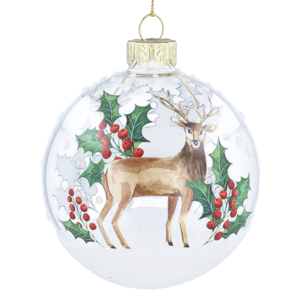 Gisela Graham Clear Glass Ball with Stag &amp; Holly - 8cm