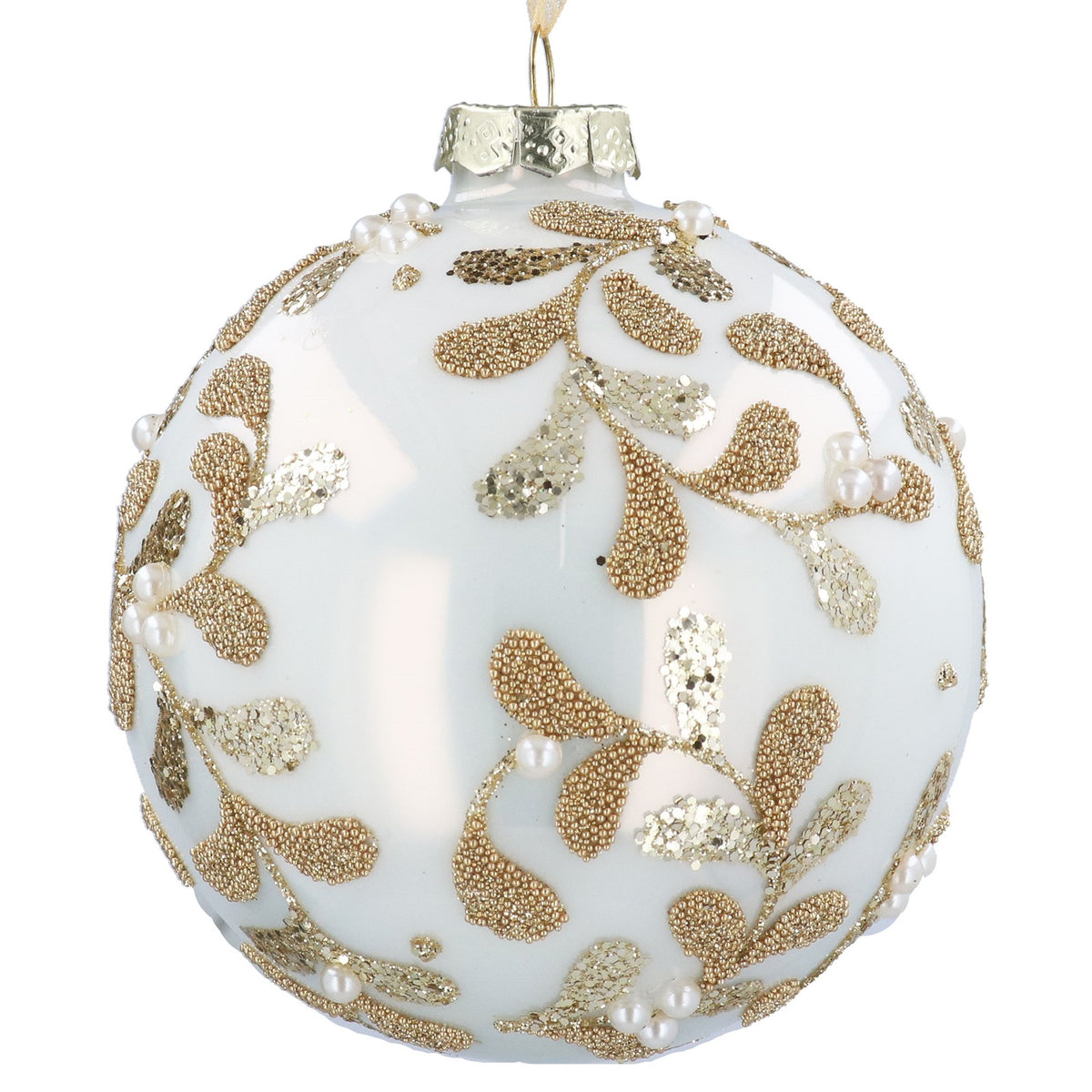 Gisela Graham Cream Pearl Glass Ball Bauble with Gold Beaded Vines - 10cm
