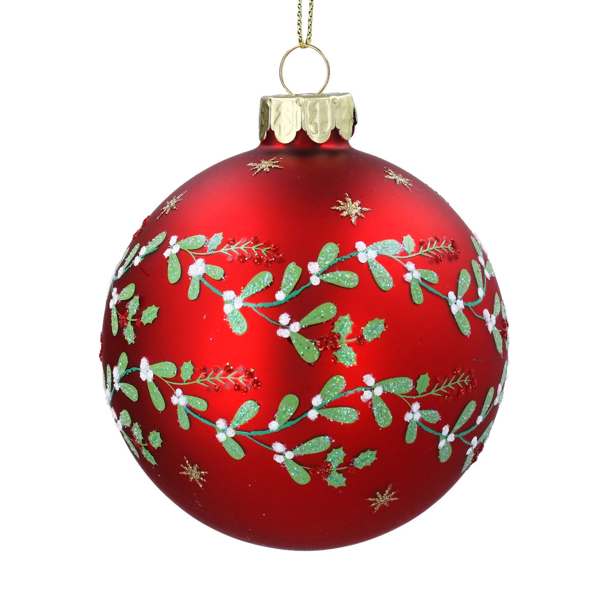 Gisela Graham - Red Mistletoe Garland Glass Ball Bauble - 8cm