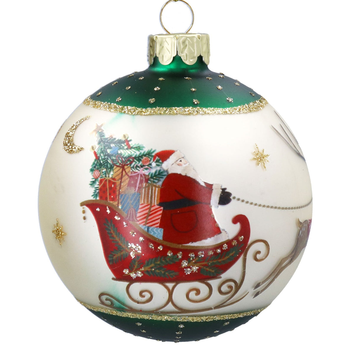 Gisela Graham - Green Border Nostalgia Sleigh Glass Ball Bauble - 8cm