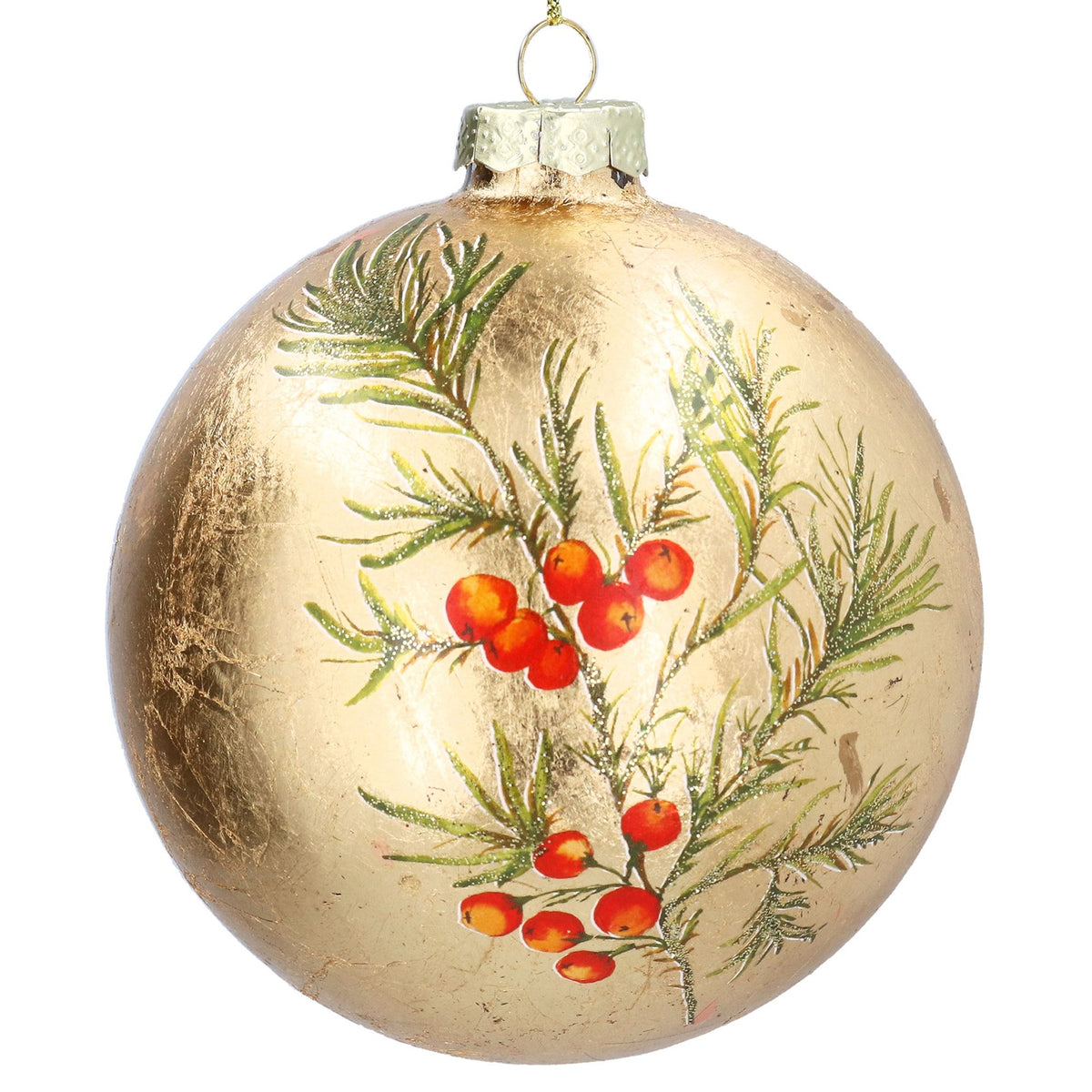 Gisela Graham - Gold Leaf Fir Red Berries Glass Ball Bauble - 10cm