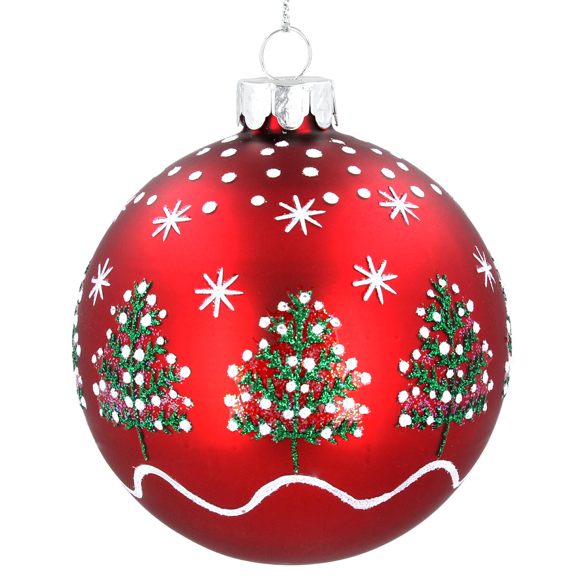 Gisela Graham - Matt Red Glass Ball with Christmas Tree & Stars Bauble