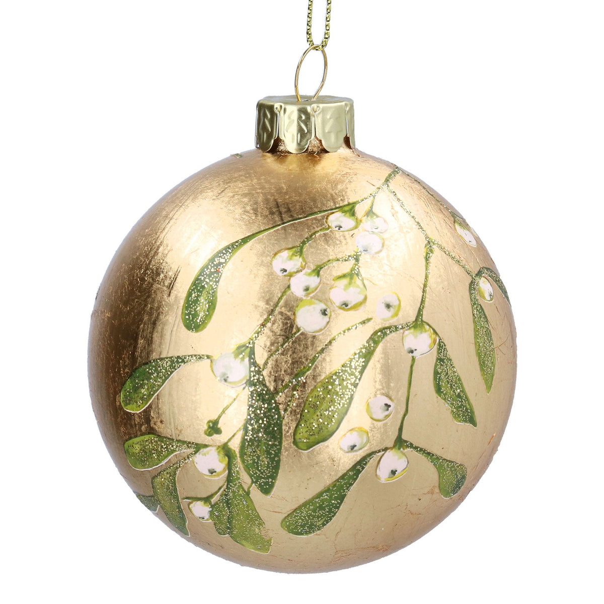 Gisela Graham - Gold Leaf Mistletoe Glass Ball Bauble - 8cm
