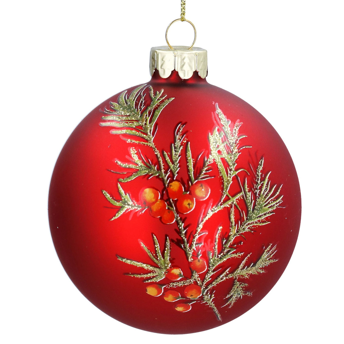 Gisela Graham - Matt Red Fir & Red Berries Glass Ball Bauble - 8cm