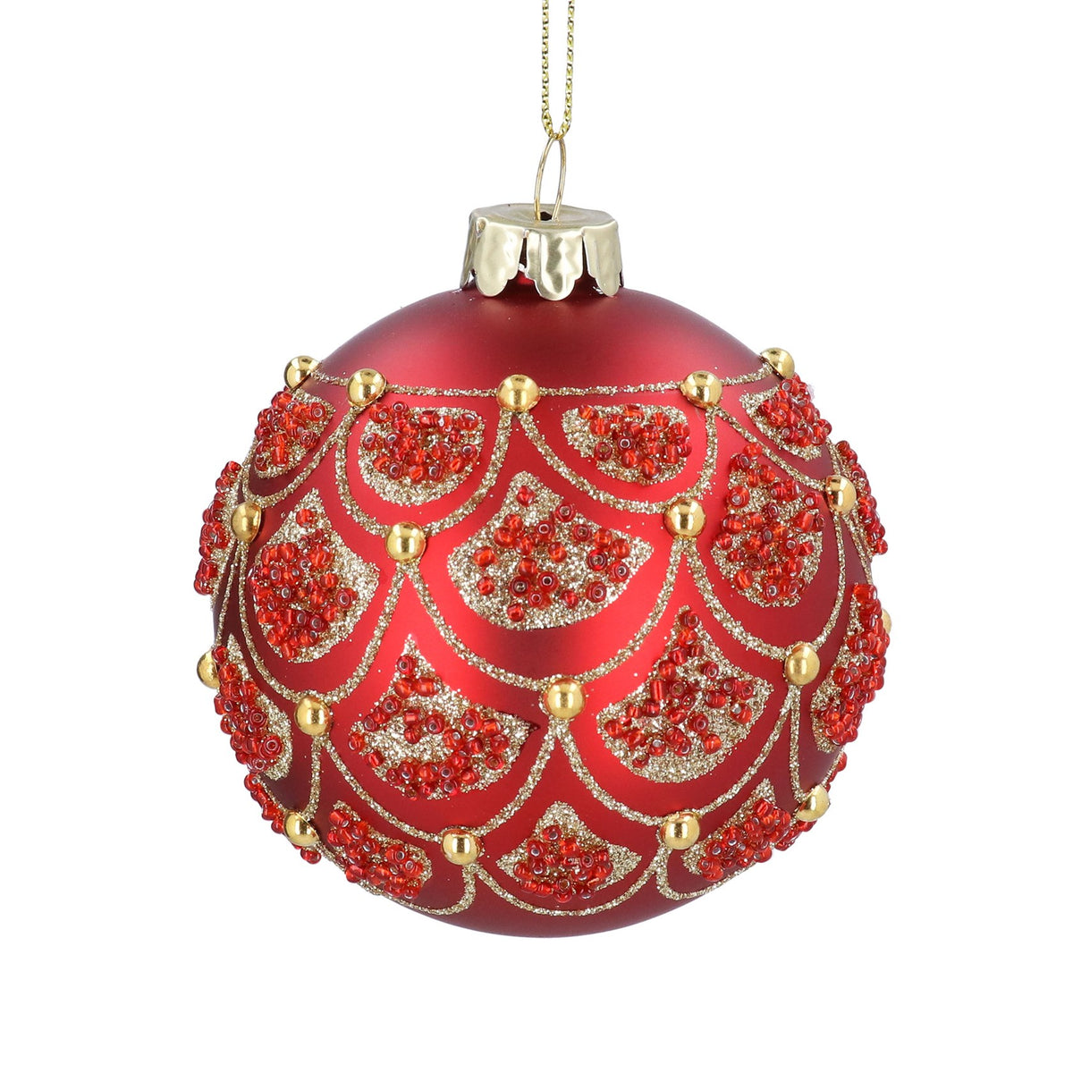 Gisela Graham - Red & Gold Scallops Glass Ball Bauble - 8cm
