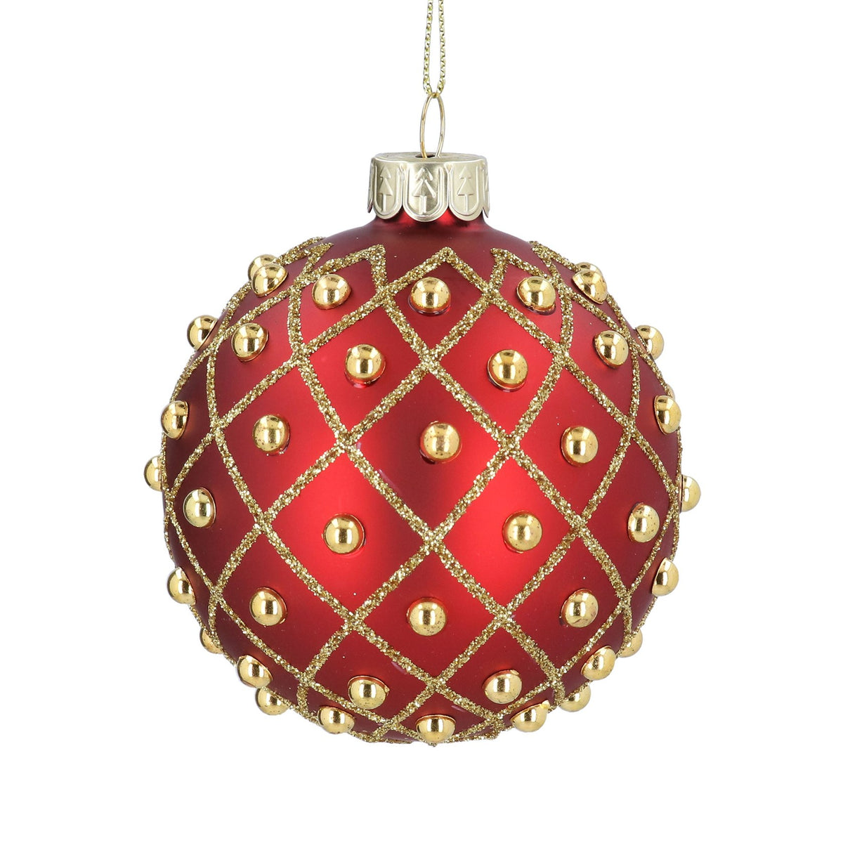 Gisela Graham - Red Gold Trellis & Beads Glass Ball Bauble - 8cm