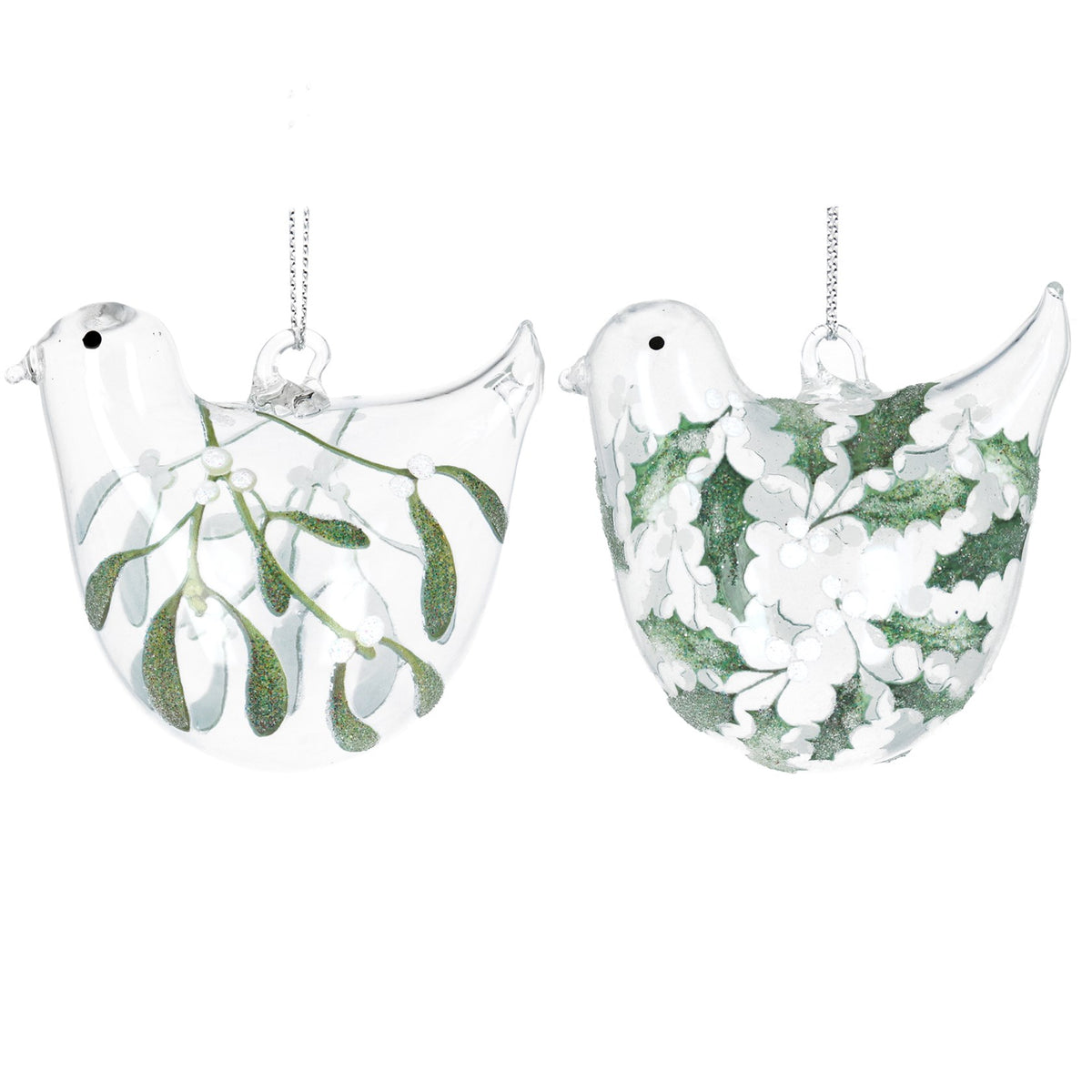 Gisela Graham - Clear Glass Bird with Mistletoe Tree Decoration / Bauble - Single