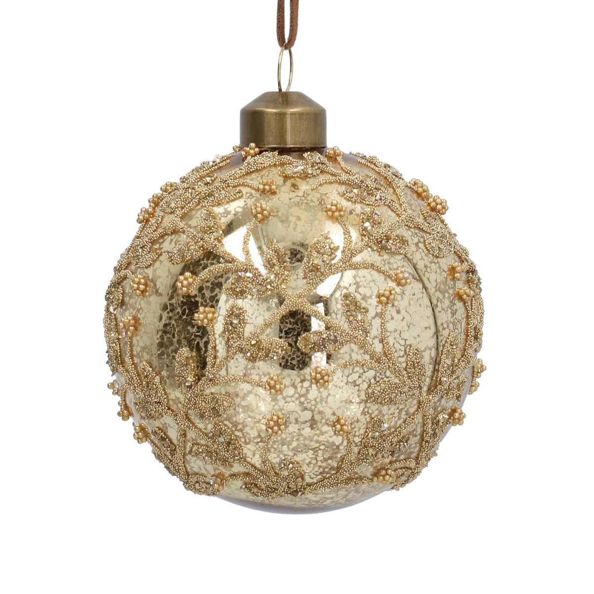 Gisela Graham - Antique Gold Glass Ball Bauble with Beaded Trellis - 8cm