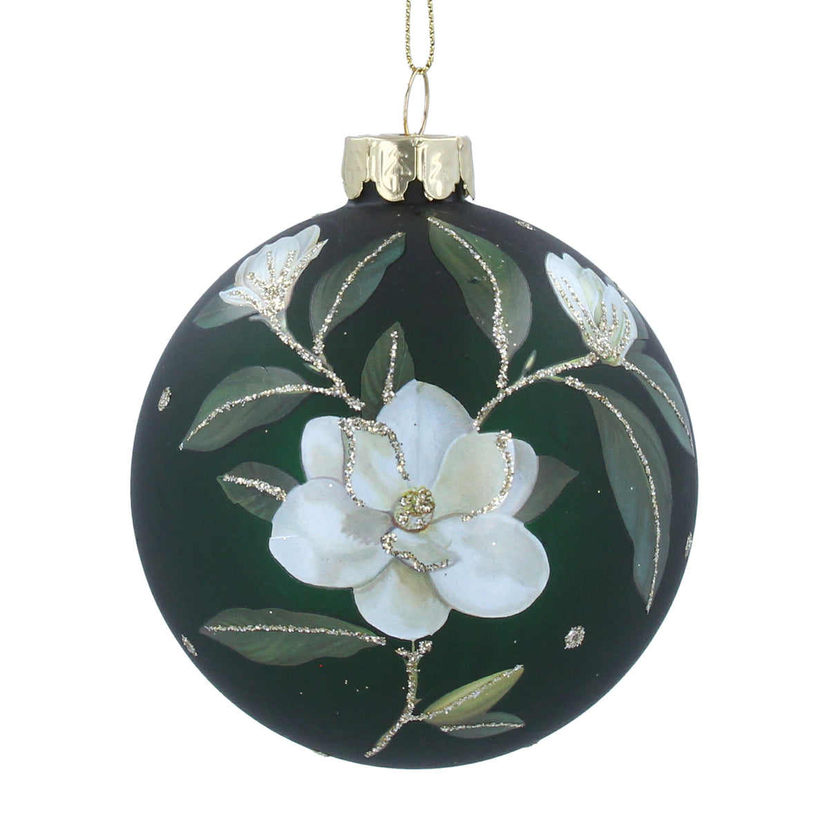 Gisela Graham - Dark Green Magnolia Glass Ball Christmas Tree Decoration / Bauble