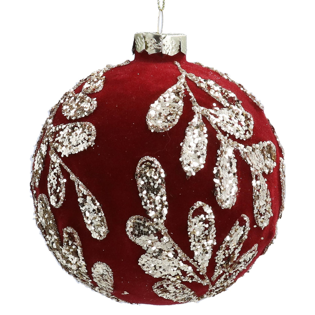 Gisela Graham - Burgundy Flock Gold Vines Glass Ball Bauble - 10cm