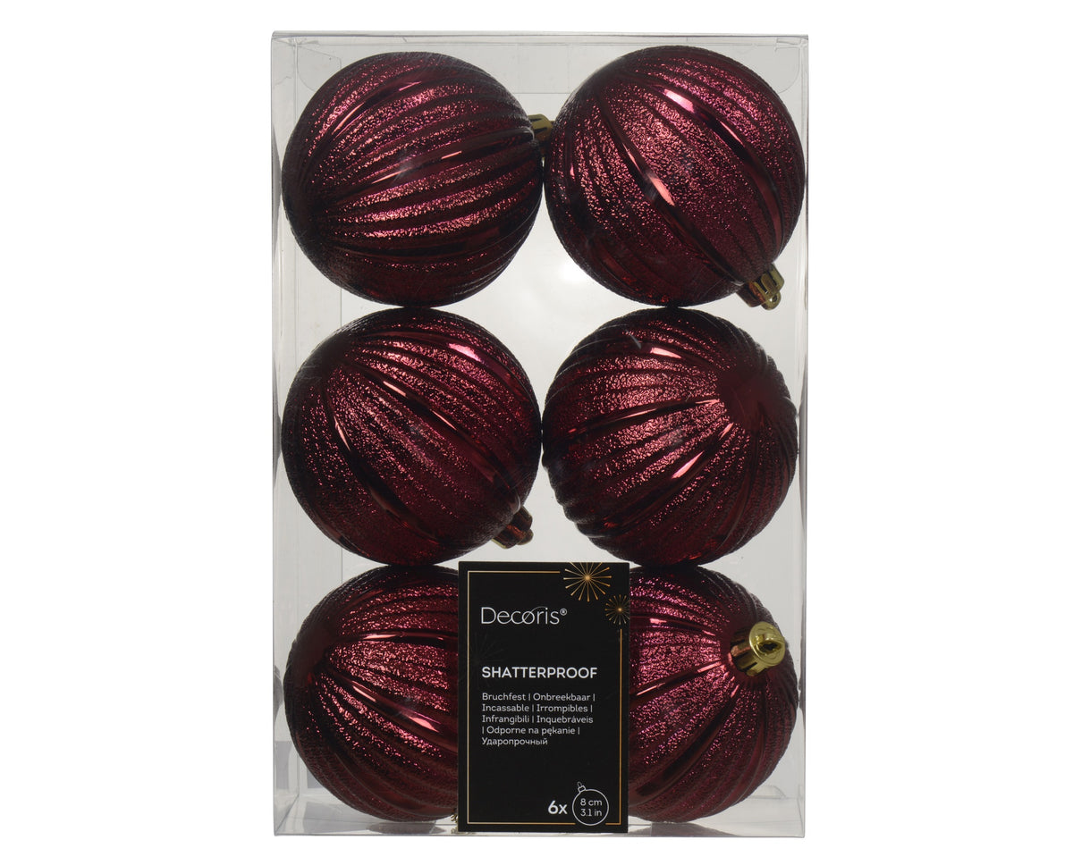 8cm Oxblood Dark Red Textured Shatterproof Baubles - Box of 6