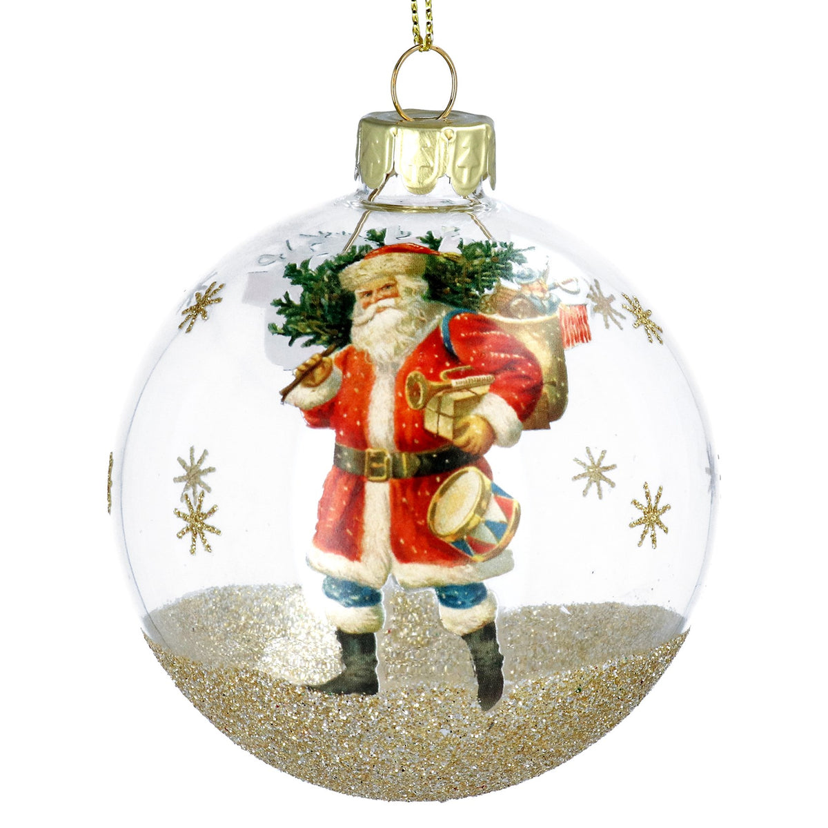 Gisela Graham - Clear Traditional Glass Bauble with Gold Sparkles & Santa Detail - 8cm