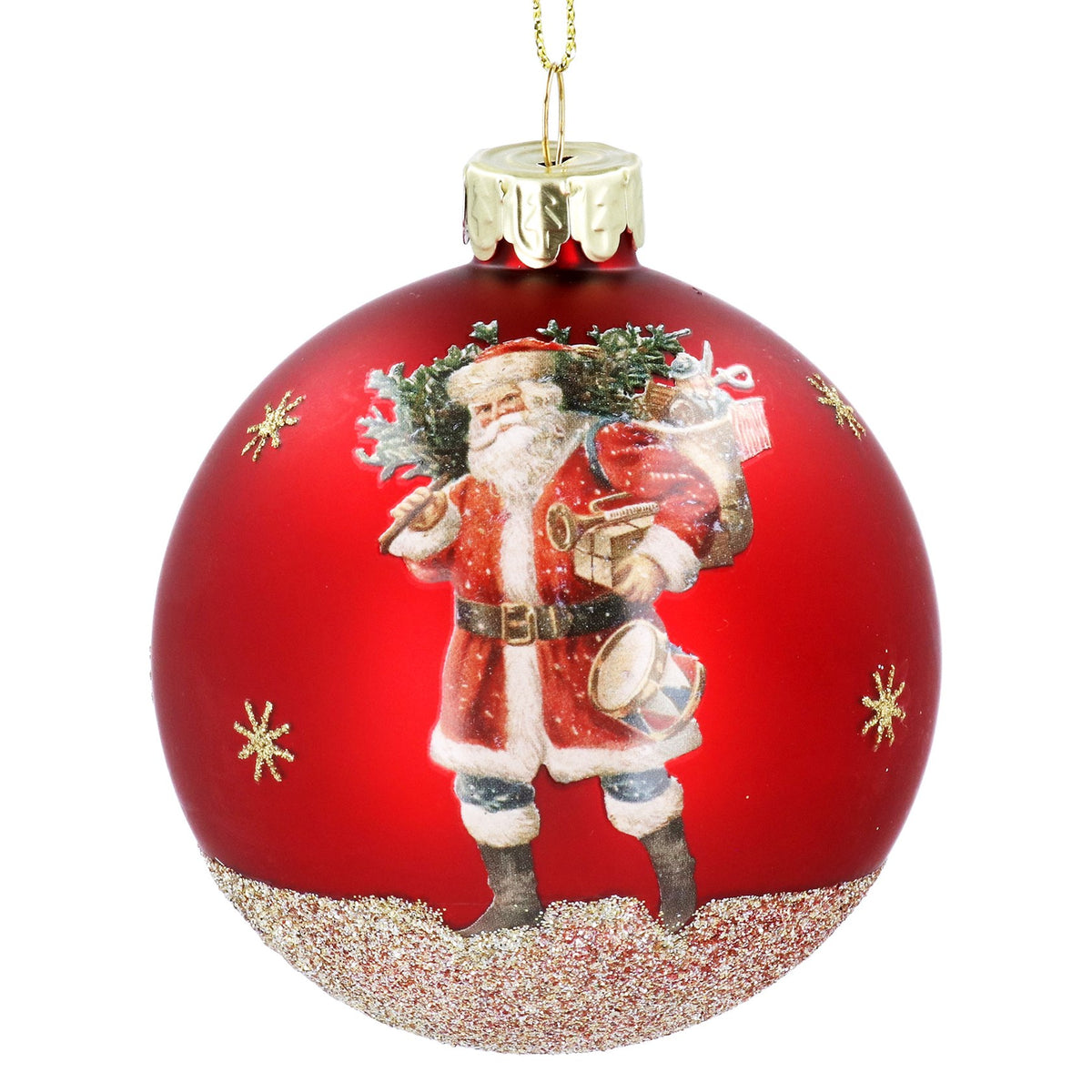 Gisela Graham - Matt Red with Gold Sparkles and Santa Detail Tree Bauble