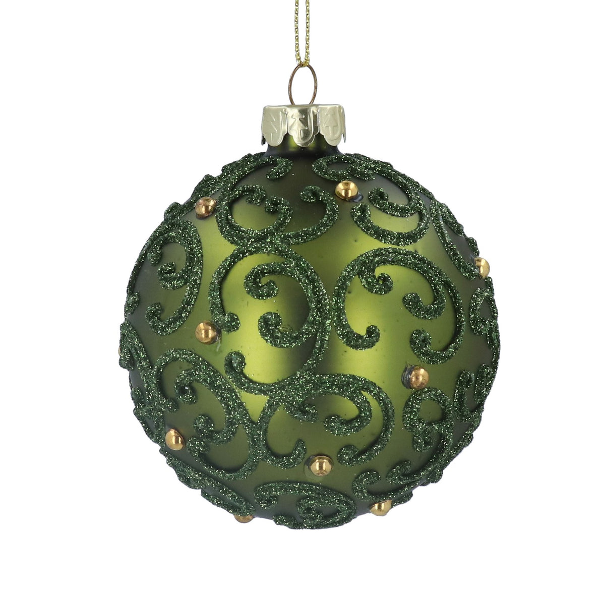 Gisela Graham - Matt Green Glass Bauble with Filigree Green & Gold Dot Detailing