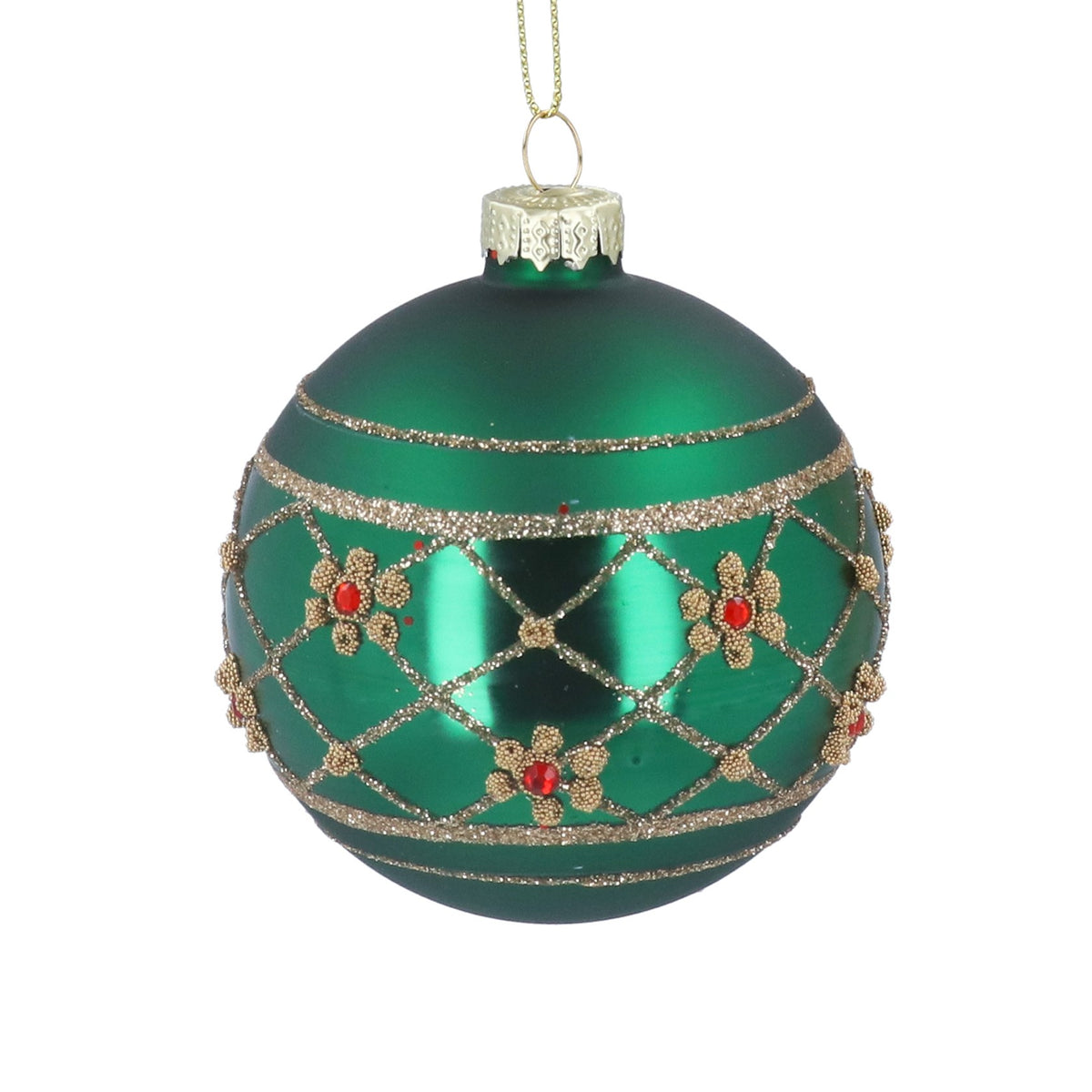 Gisela Graham - Matt/ Shiny Green Glass Bauble with Jewel Flower Band