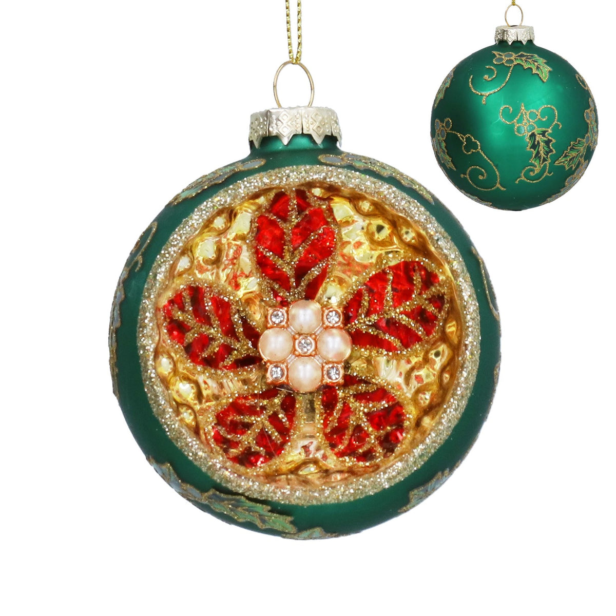 Gisela Graham - Green & Gold Glass Ball Bauble with Ornate Dimple - 8cm