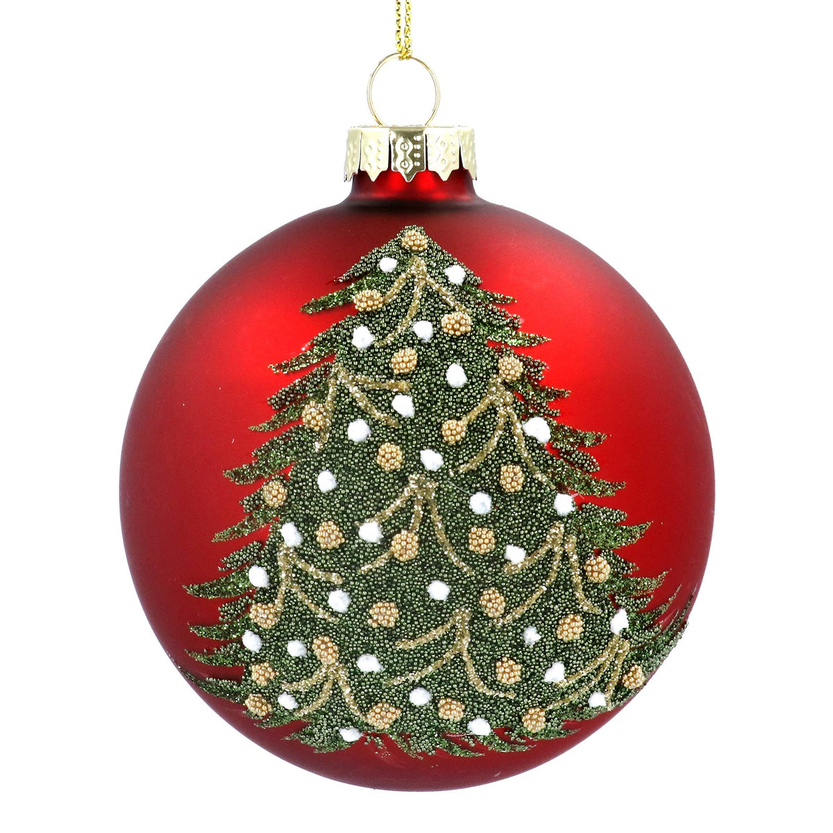 Gisela Graham Matt Red with Green Beaded Tree Glass Bauble - 8cm