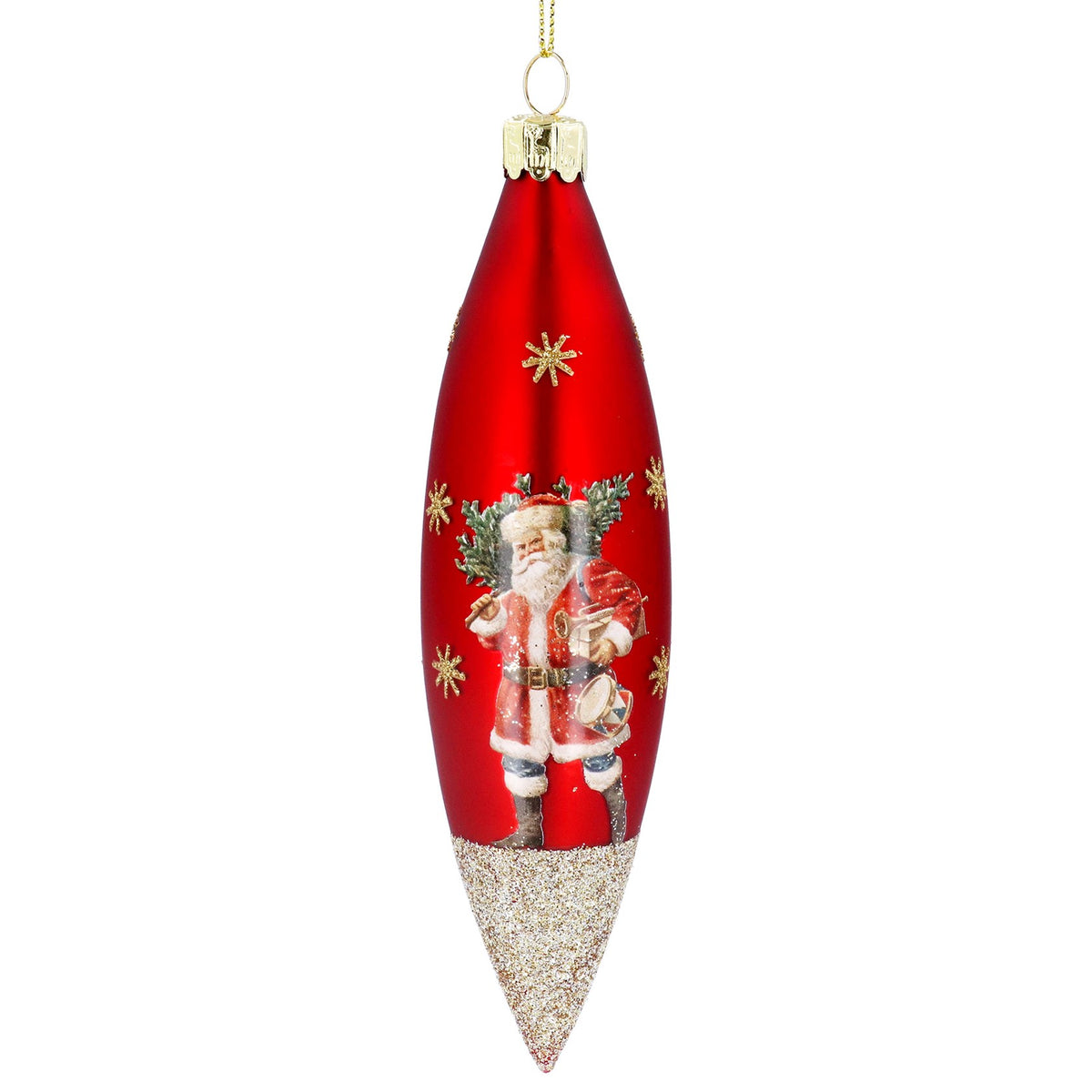 Gisela Graham - Matt Red Teardrop Bauble with Gold Sparkles and Santa Detail