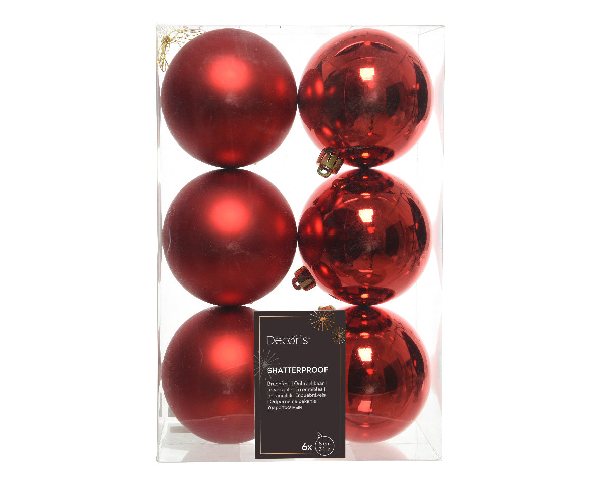 Set of 6 Matt and Shiny Christmas Red Shatterproof Baubles