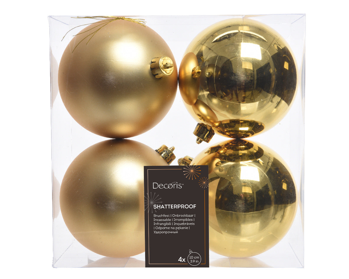 Set of 4 Large Matt & Shiny Light Gold Shatterproof Baubles - 10cm