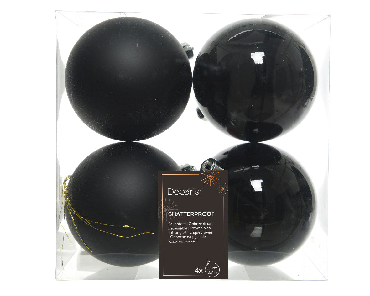 Set of 4 Large Matt & Shiny Black Shatterproof Baubles - 10cm
