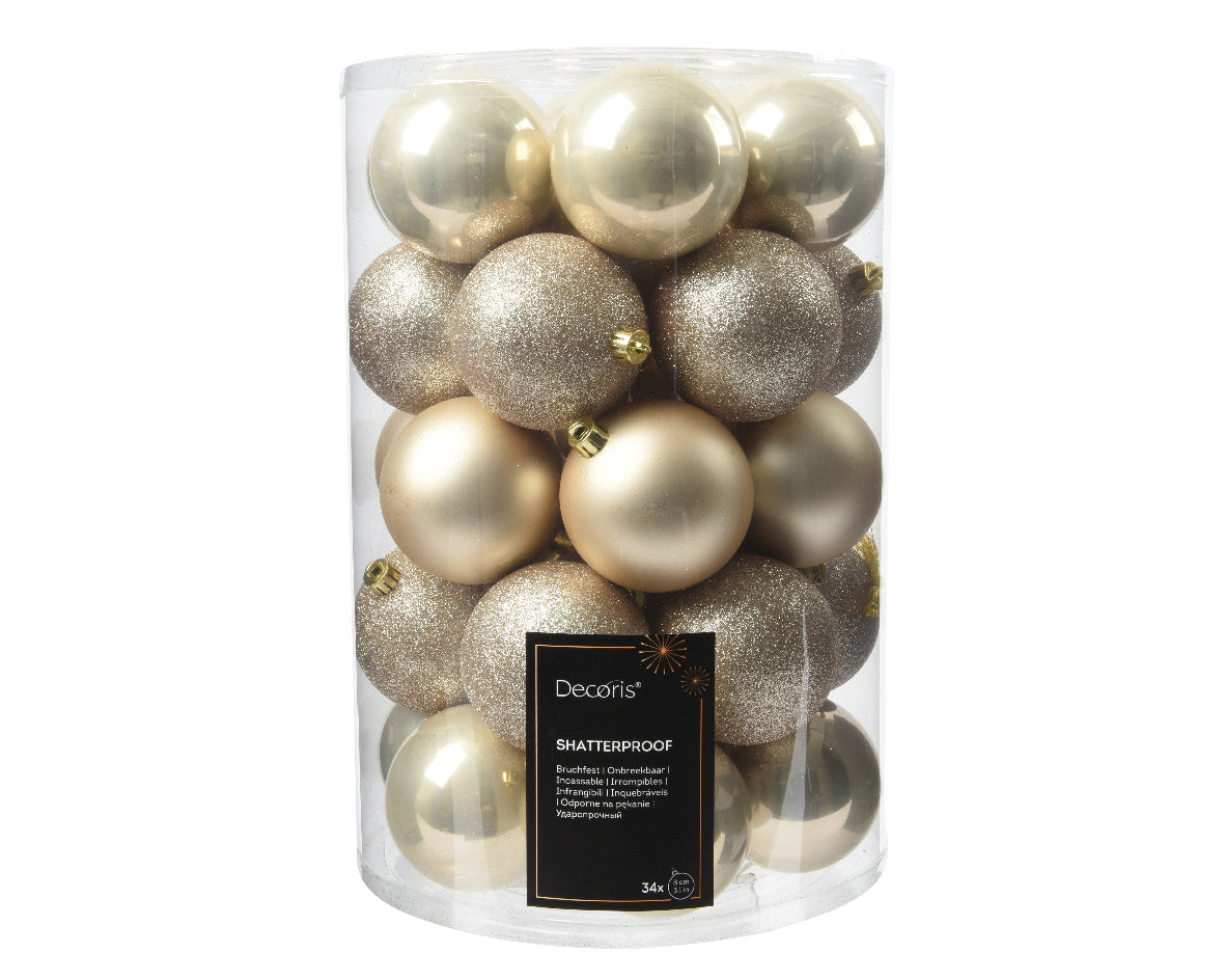 Pearl Shatterproof Matt, Shiny and Glitter Assorted Baubles - Tube of 34
