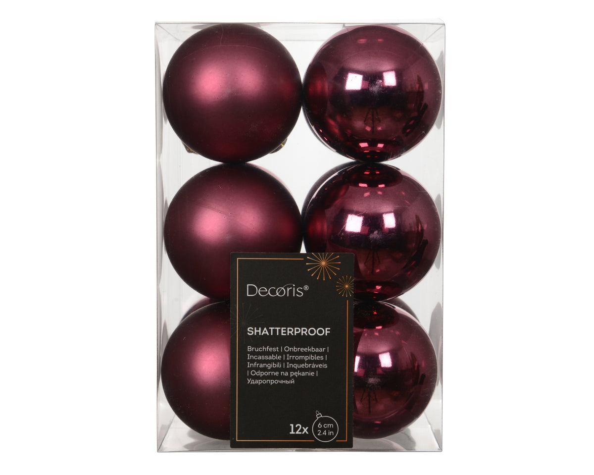 Matt Mix Shatterproof Enamel Dark Rose Bauble Set of 12 - 6cm