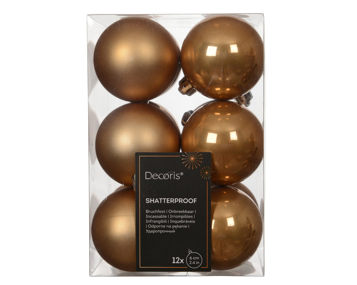 Matt Mix Shatterproof Enamel Caramel Brown Bauble Set of 12 - 6cm