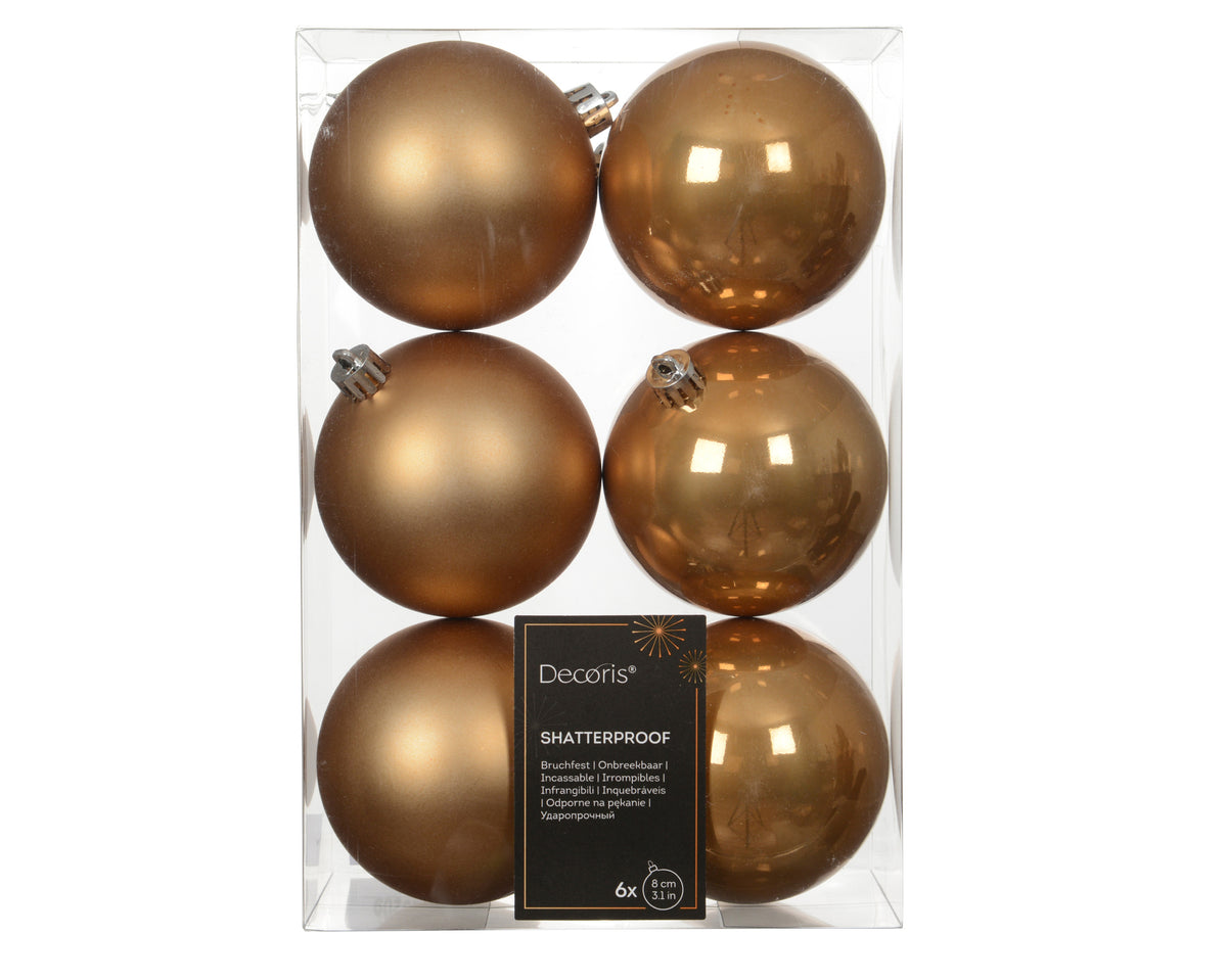 Matt Mix Shatterproof Enamel Caramel Brown Bauble Set of 6 - 8cm