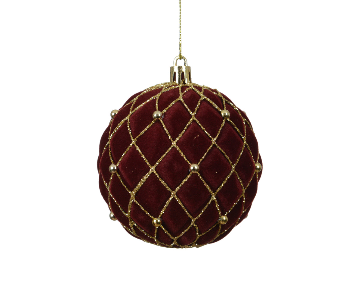 Oxblood Dark Red Velvet with Gold Glitter Trellis & Beads Bauble 8cm