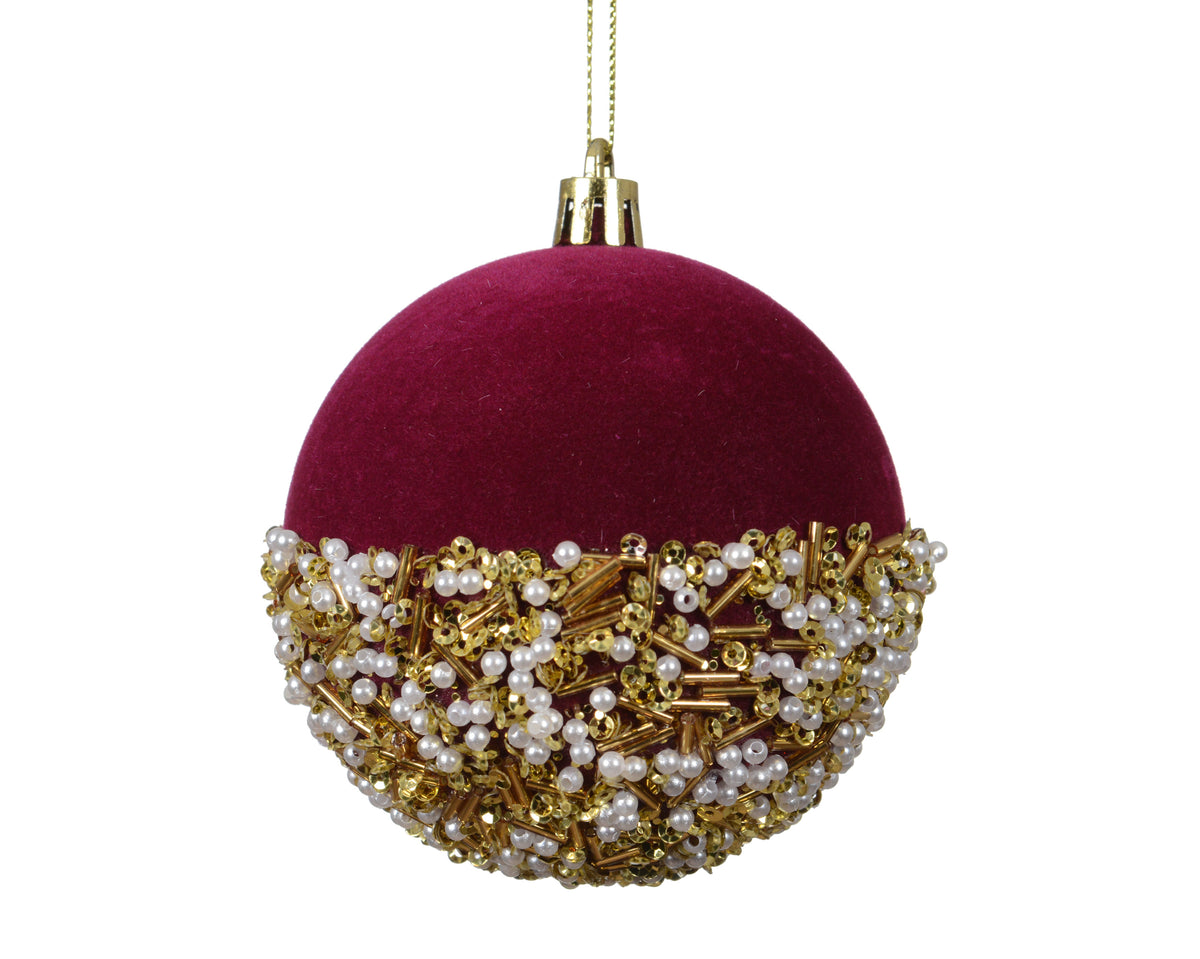 Burgundy Oxblood Velvet Bauble with Golden Beading - 10cm
