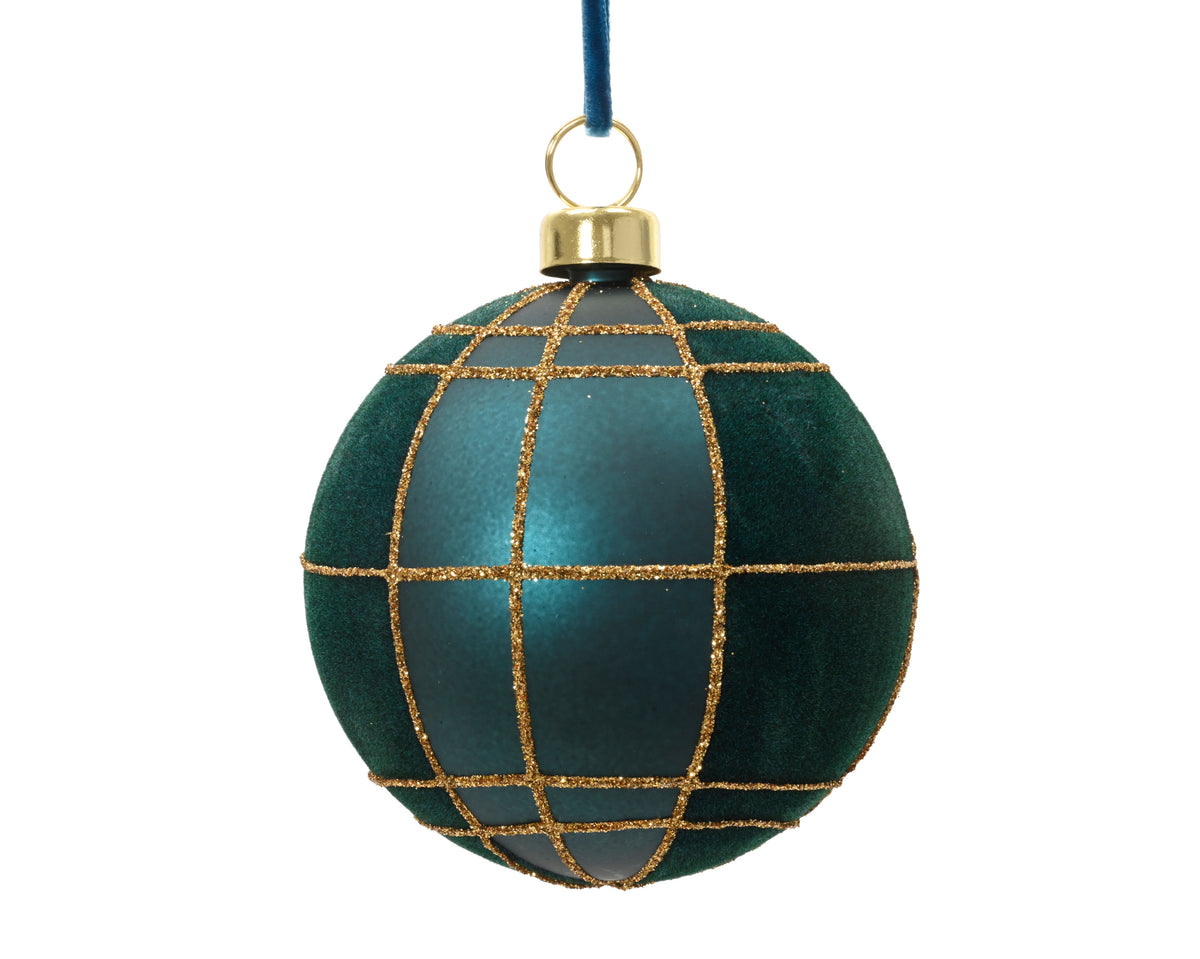 Emerald Matte Velvet Check Bauble with Gold Glitter 8cm