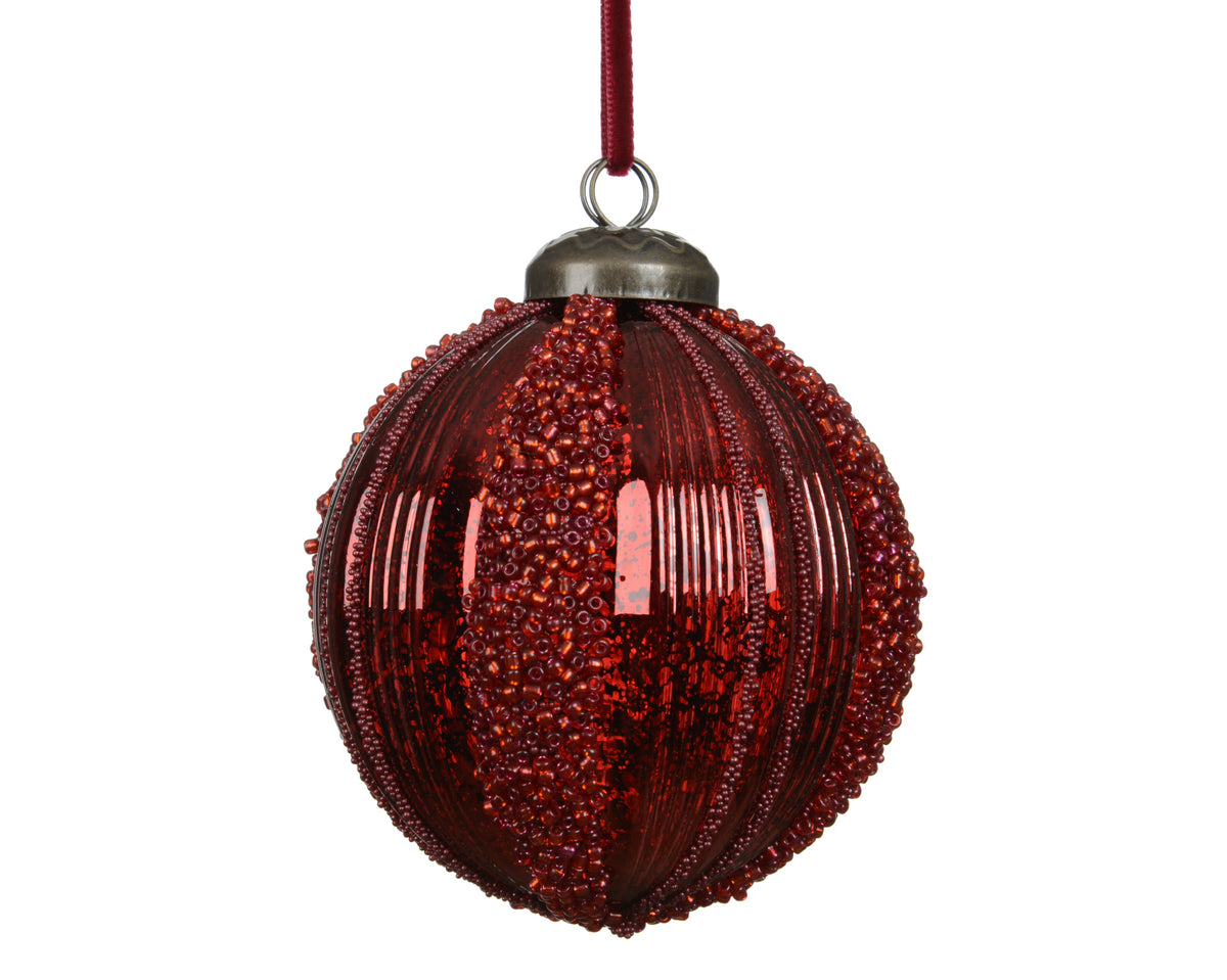 Burgundy Oxblood Antique Striped Beaded Bauble - 8cm