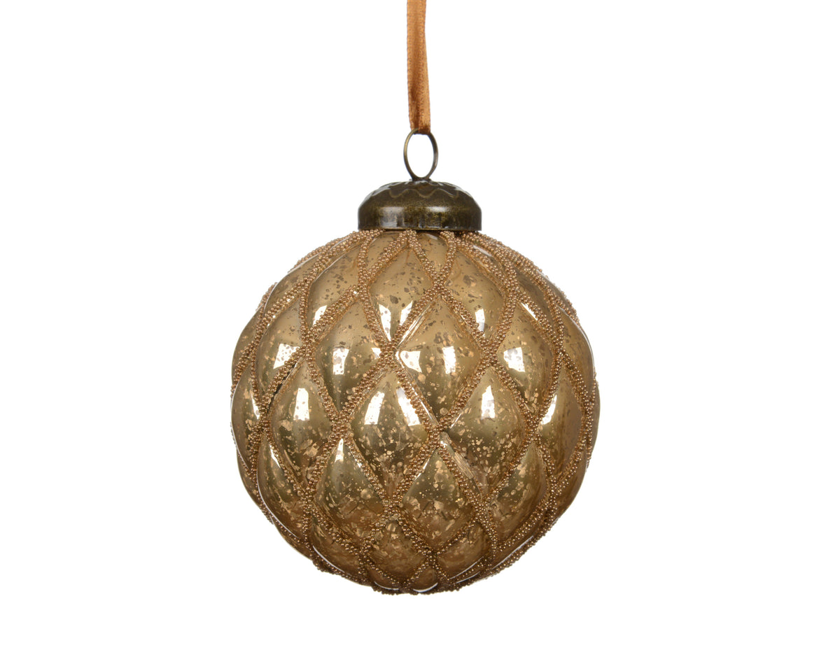 Antique Finish Beaded Caramel Brown Polystyrene Bauble - 8cm