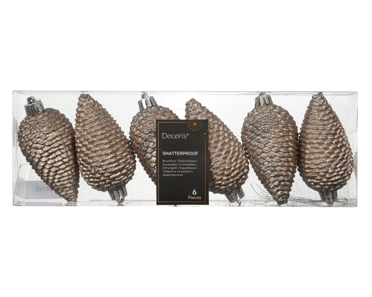 Intricate Glitter Smokey Pearl Pinecone Shatterproof Baubles - Set of 6