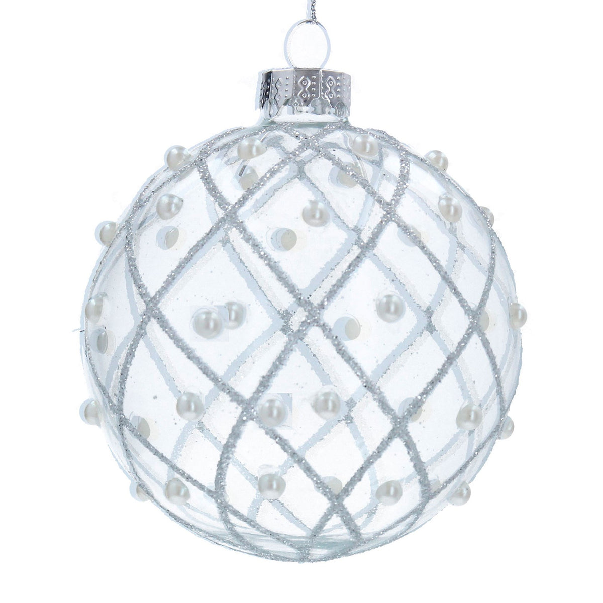 Gisela Graham - Clear with Silver Glitter Trellis & Pearls Glass Ball Bauble - 8cm