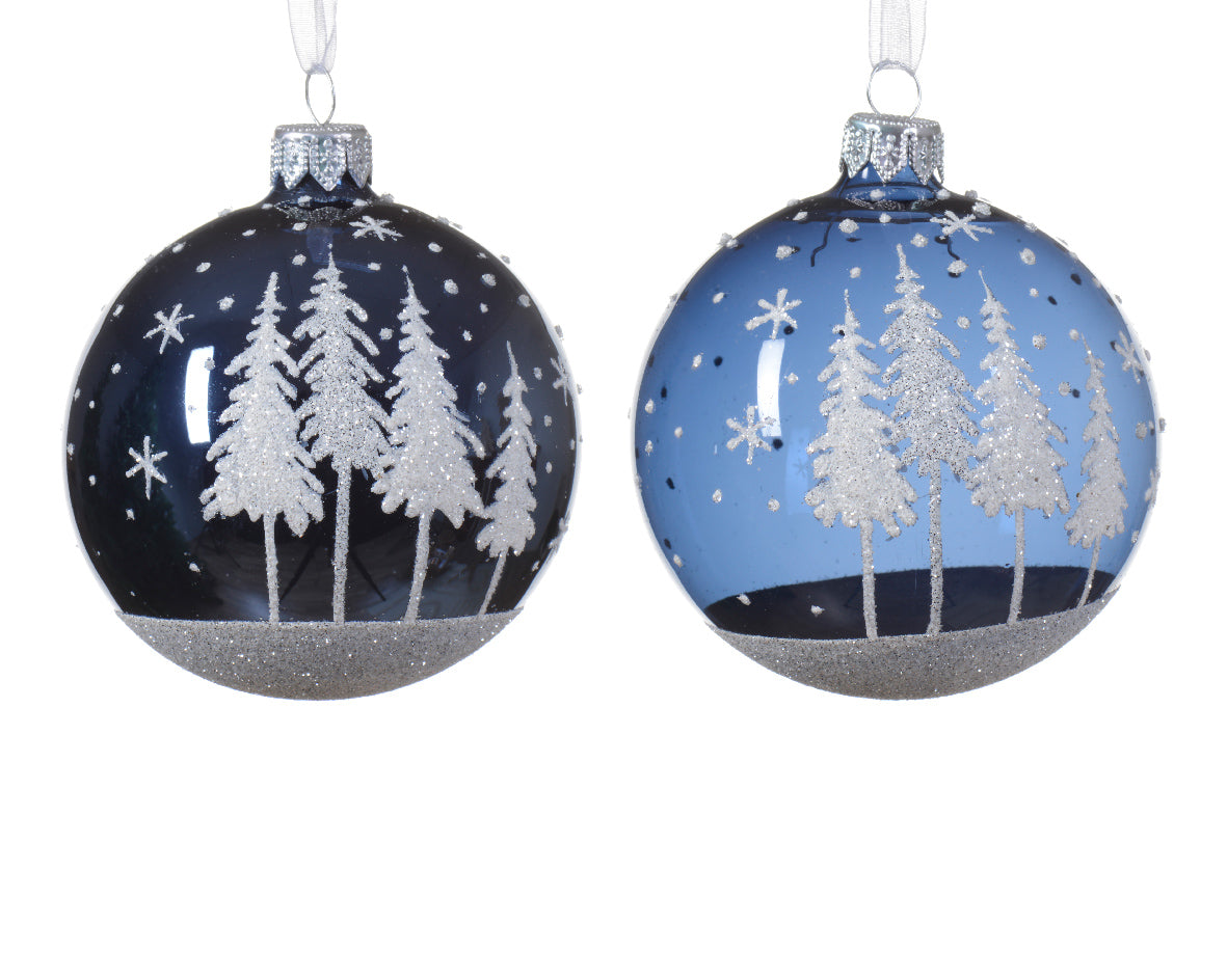 Glass White Glitter Snowy Trees Bauble in Blue