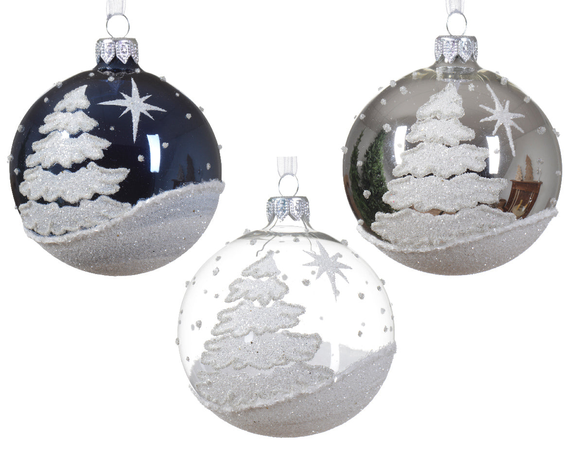 Glass White Snowy Glitter Trees Bauble in Blue/Silver/Clear - Single