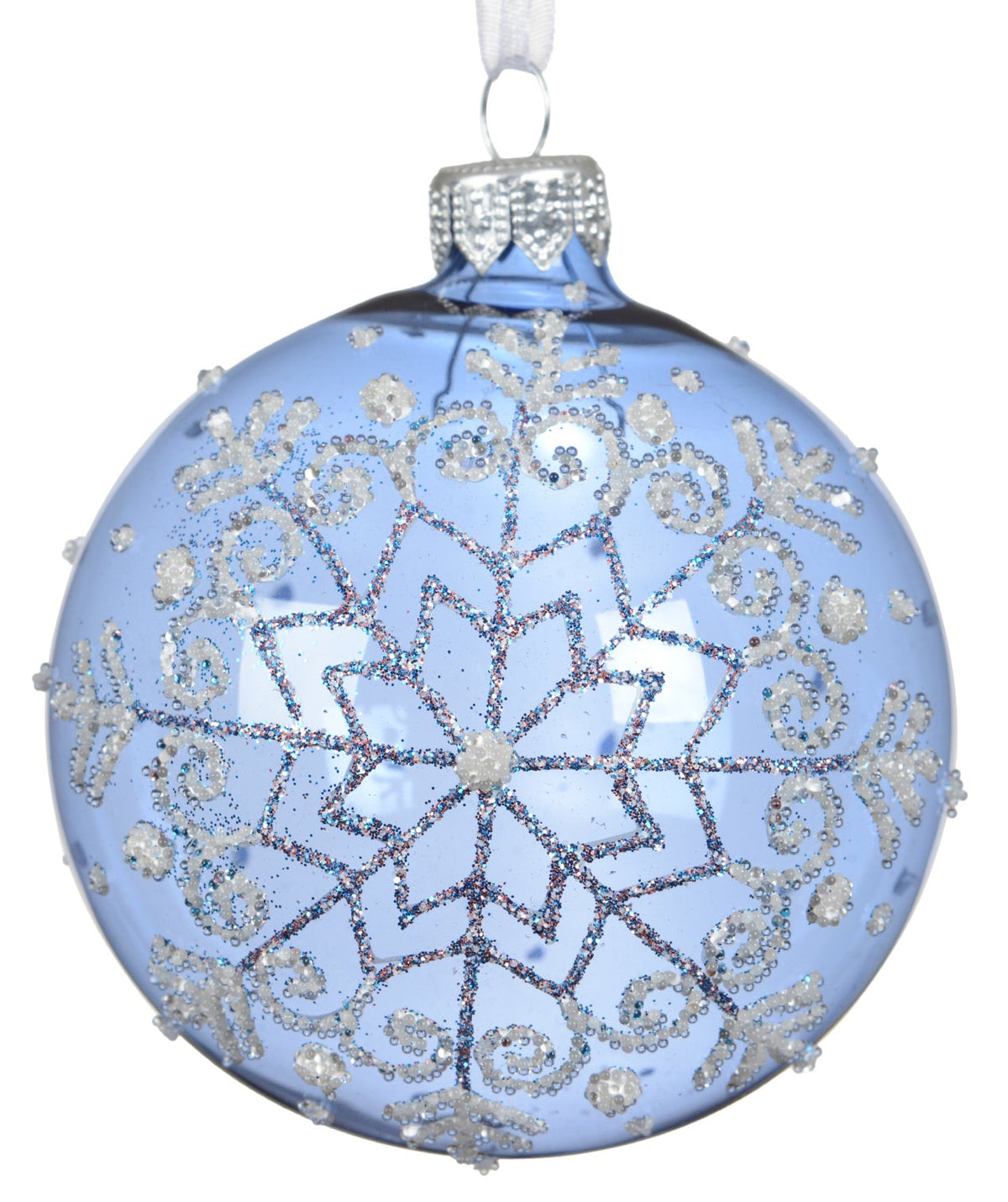 Blue & White Glitter Patterned Bauble - 8cm