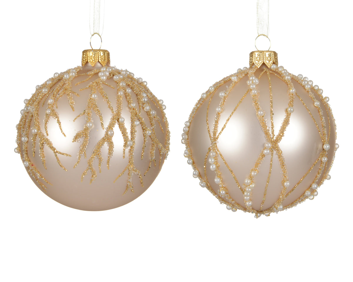 Pearl & Gold Beaded Lines Matt Glass Swirl Bauble - 8cm