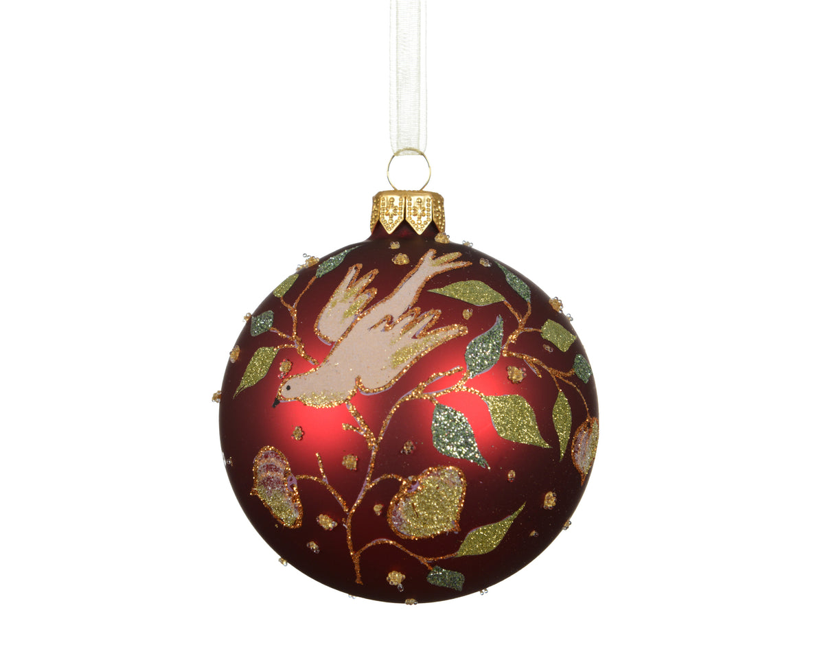 Oxblood Dark Red Bird on a Branch Matt Glass Bauble - 8cm