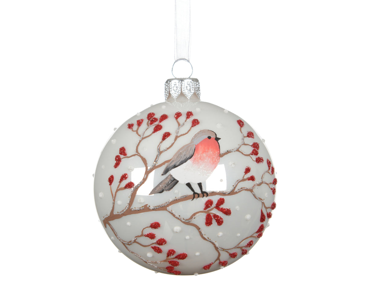 Winter White Bird Robin on a Branch Glass Bauble - 8cm