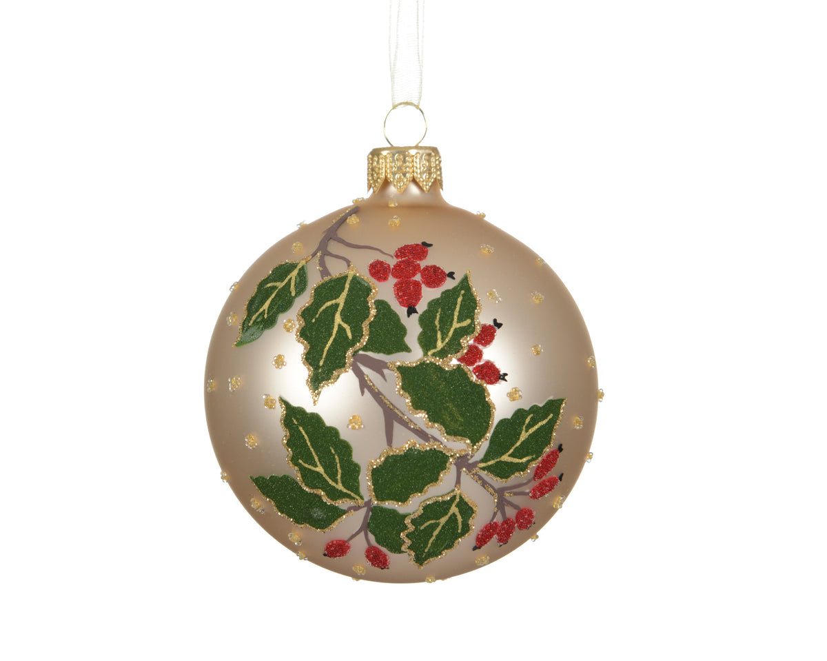 Matt Holly Branch Pearl Glass Bauble - 8cm