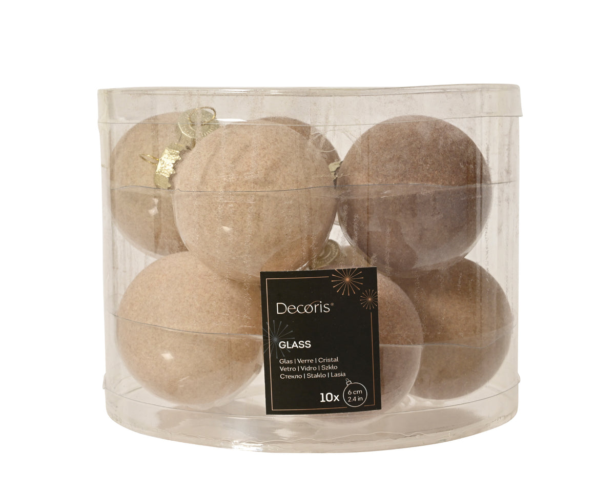 Sand & Amber Flock Finish Glass Baubles Set of 10 - 6cm